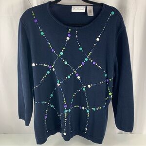 Alfred Dunner Women's Sweater XL Navy Blue Beads Sequins Crew Neck Pullover
